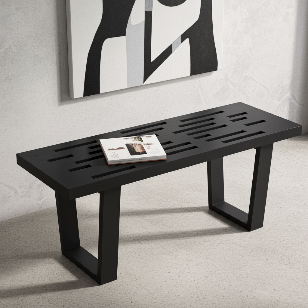Ławka z ebonizowanego dębu z losowo rozmieszczonymi otworami Japandi Mid Century