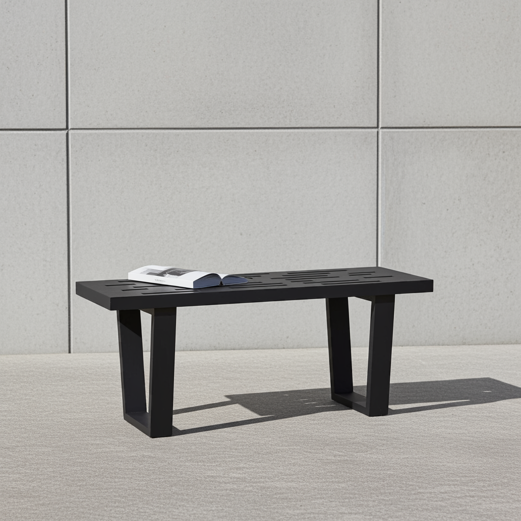 Ławka z ebonizowanego dębu z losowo rozmieszczonymi otworami – unikalny design Japandi Mid Century edited 4